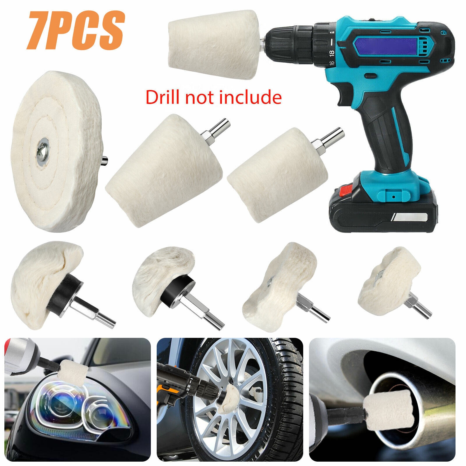 7PCS Car Polisher Polishing Buffing Pads Mop Wheel Drill Kit Aluminum Stainless
