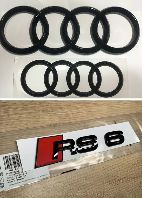 For Audi RS6 Hood Rear Rings Badges Grille Emblem Sticker Gloss Black 2012-18