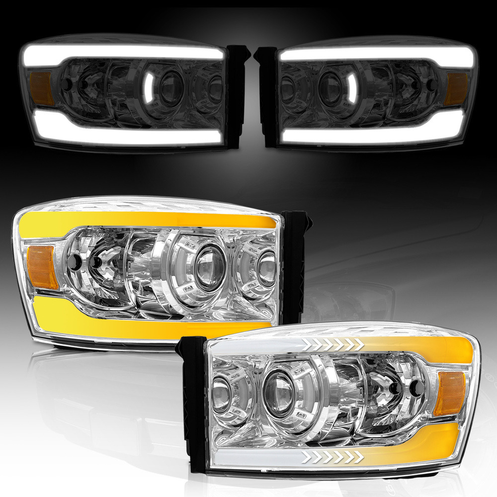 For 2006-2009 Dodge Ram Sequential Turn Signal LED Bar DRL Projector Headlights