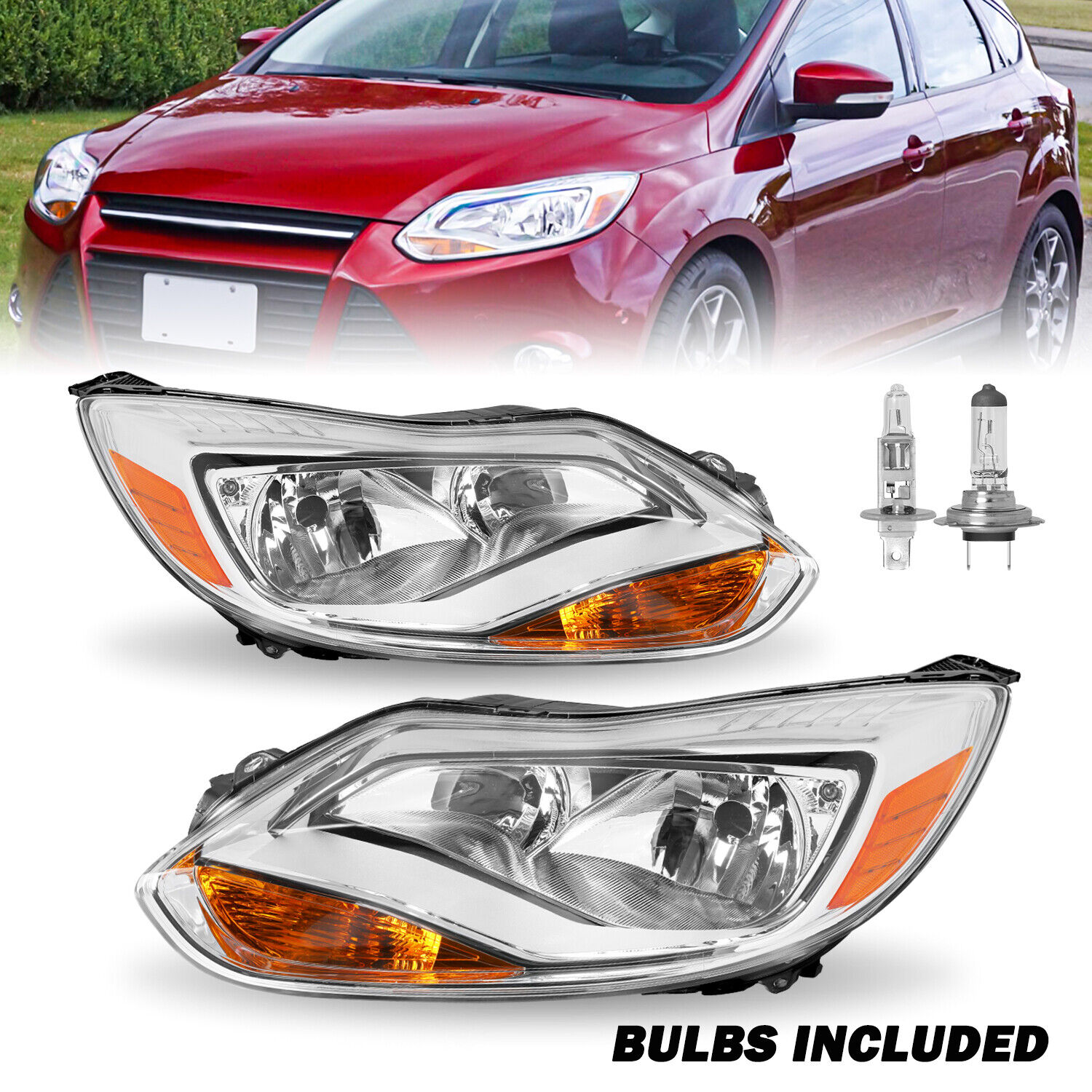 For 2012 2013 2014 Ford Focus Halogen [OE Style] Headlights Assembly L+R w/Bulbs