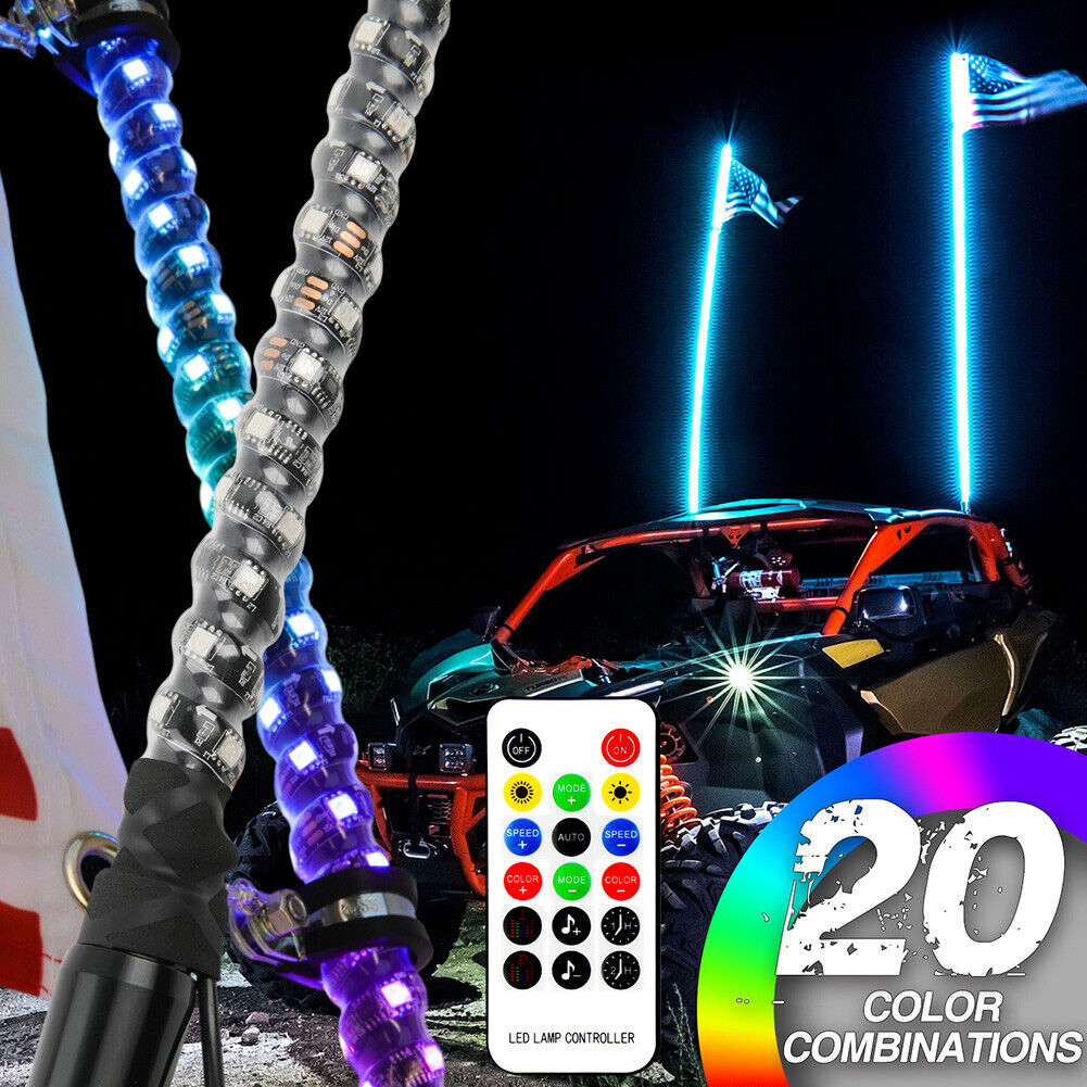 Pair 3ft RGB Spiral LED Whip Lights Antenna Chase + Flag&Remote for ATV UTV