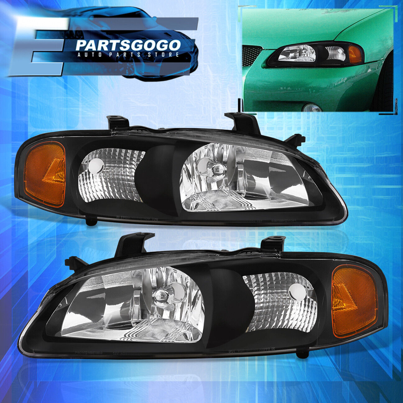 For 00-03 Nissan Sentra JDM Black Housing Amber Reflectors Headlights Lamps Pair