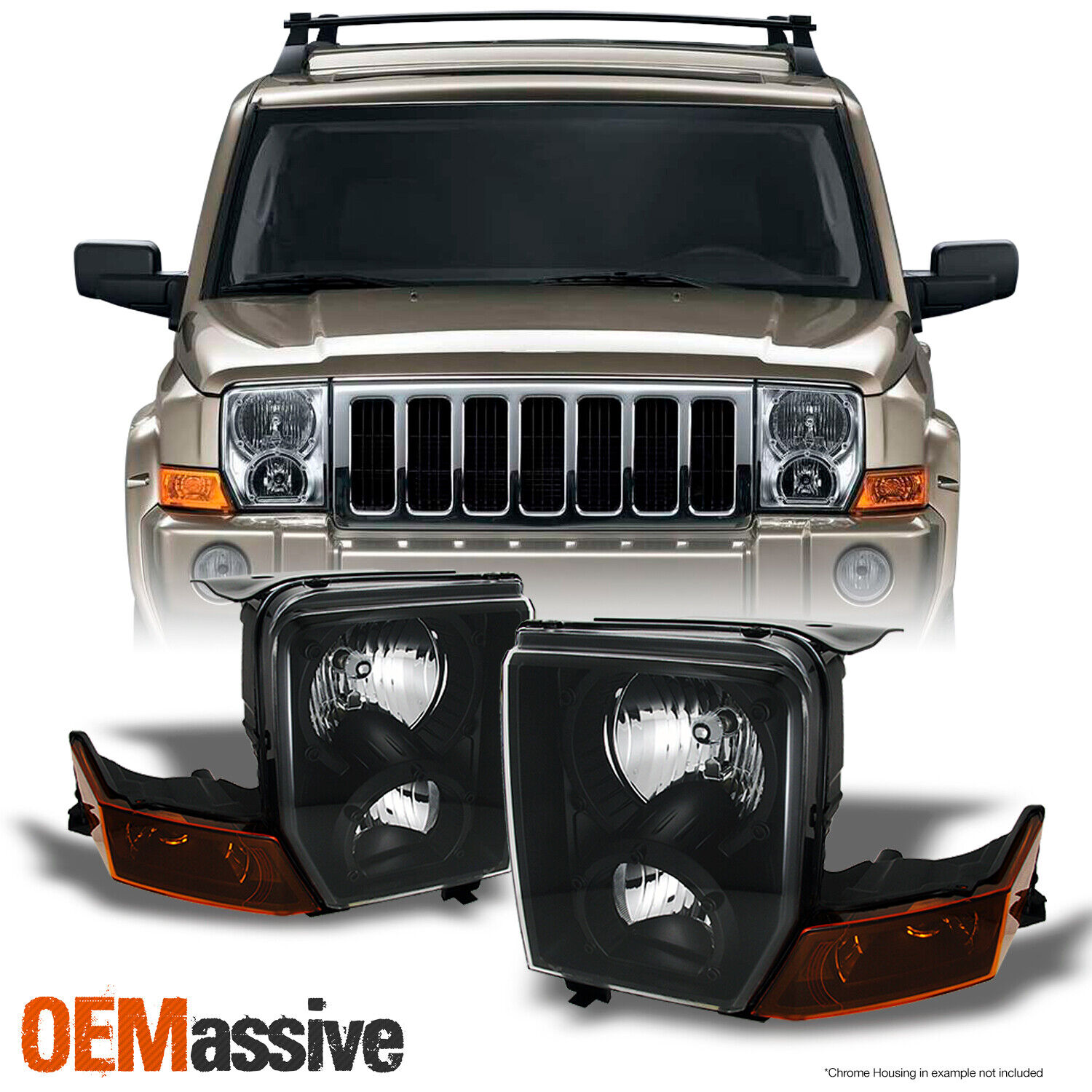 Fits 06-10 Jeep Commander SUV Amber Black Headlights Front Lamp Replacement Pair