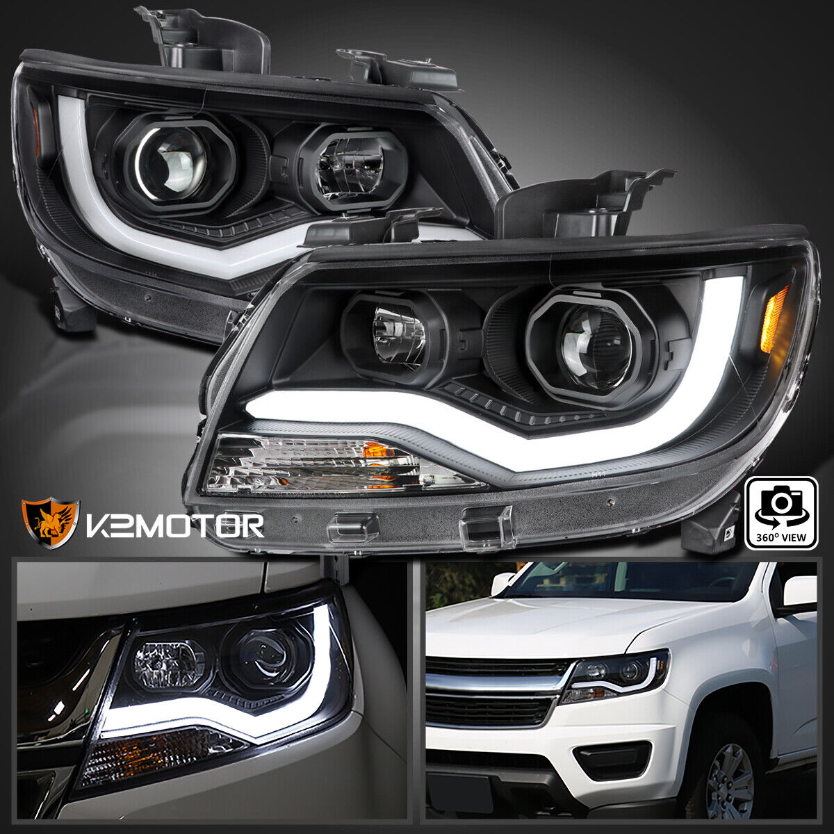 Black Fits 2015-2020 Chevy Colorado Projector Headlights Lamp LED Tube L+R 15-20