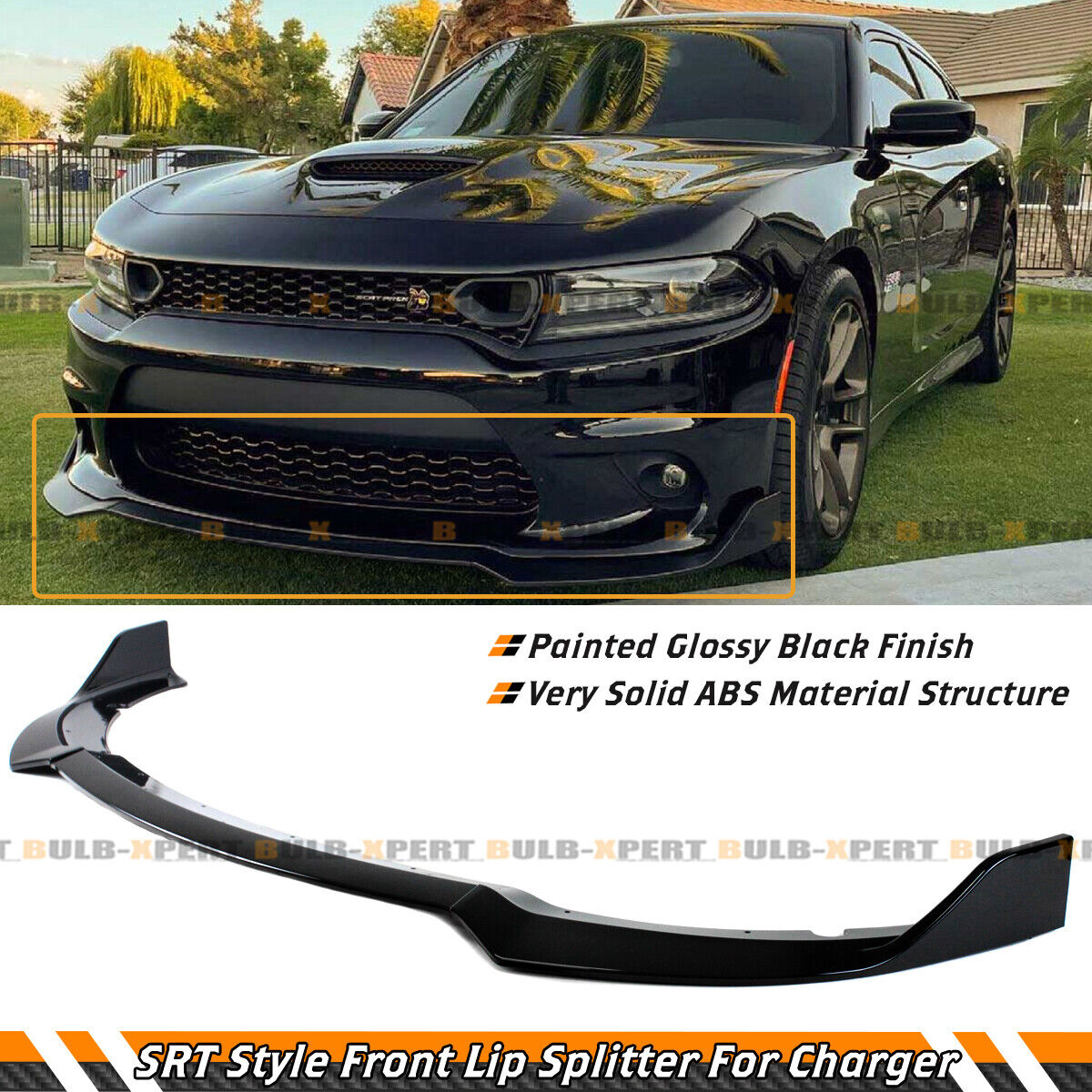 For 2015-2022 Dodge Charger SRT Scat Pack Glossy Black Front Bumper Lip Splitter
