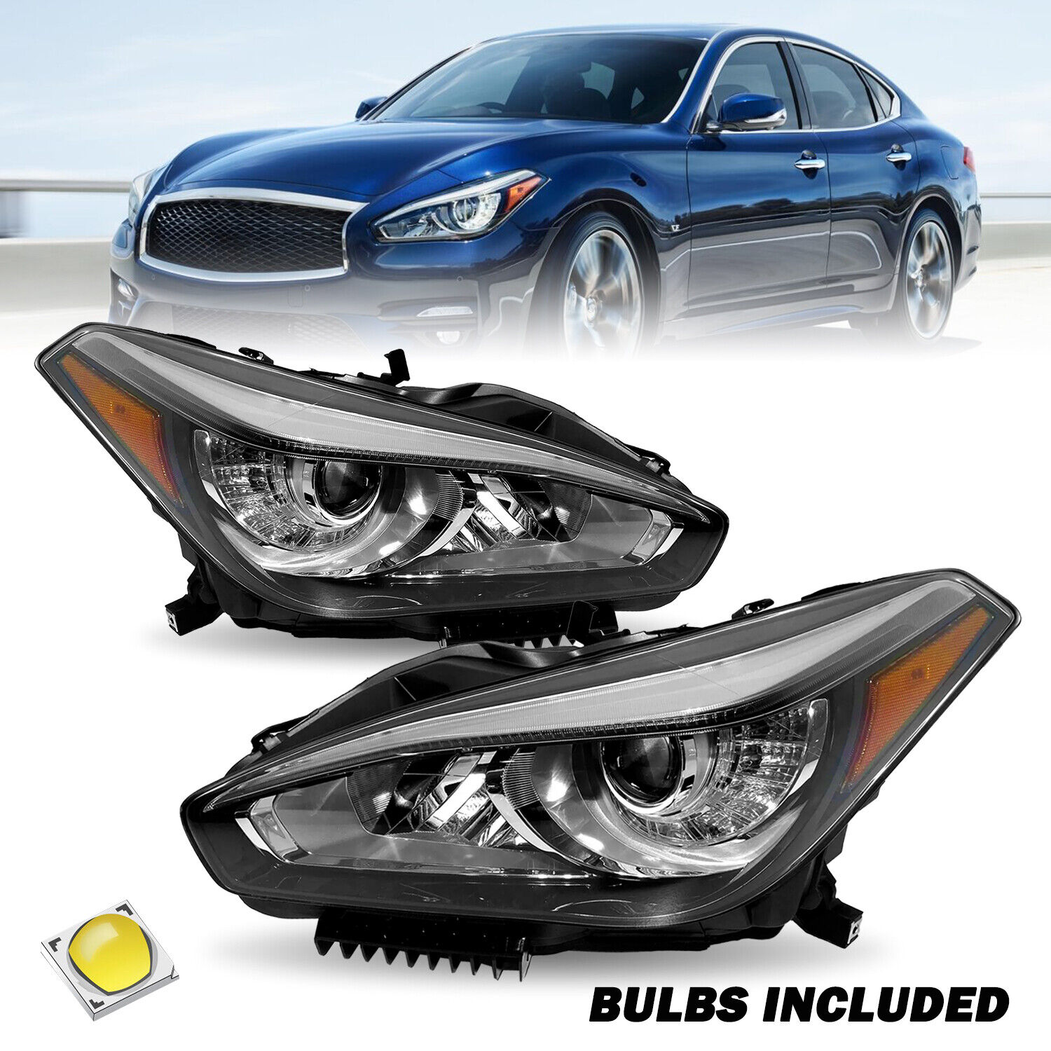 For 2015-2019 Infiniti Q70 w/o AFS Full LED Headlights Assembly Headlamps Pair