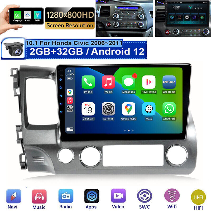 For Honda Civic 2006-2011 Apple Carplay Android 12 GPS Car Radio Stereo FM AHD