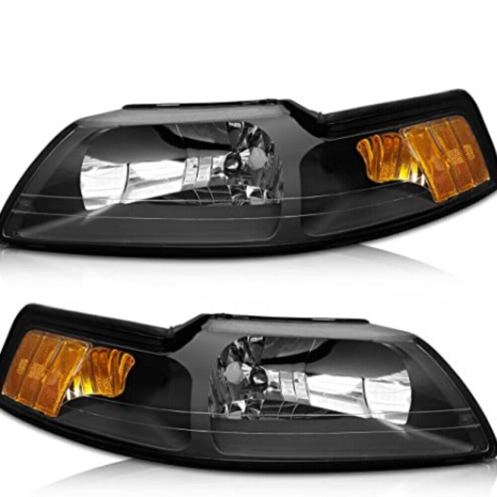 Headlights for 99-04 Ford Mustang Headlight Black Housing Amber Reflector LH+RH