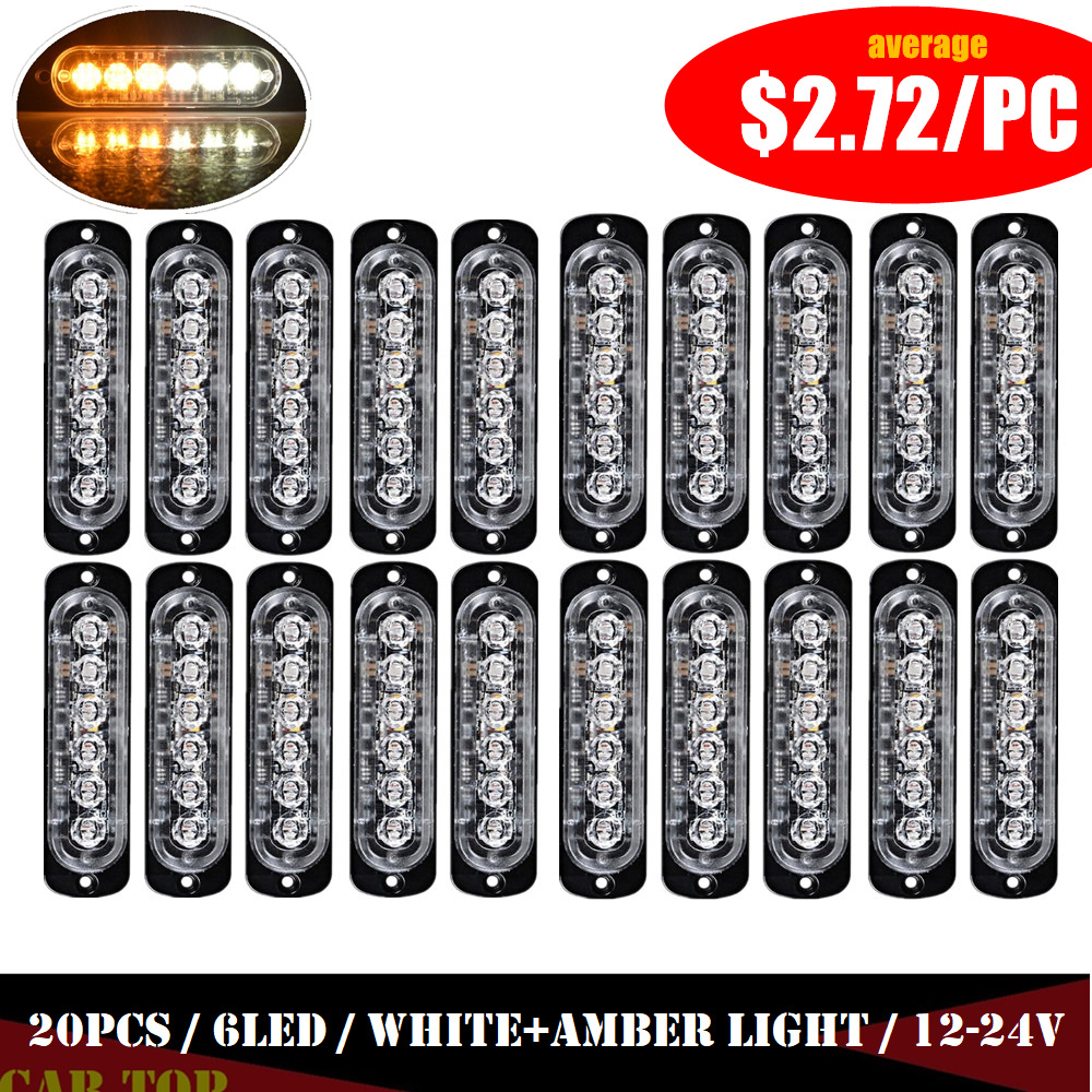 20X 6 LED Side Marker Flash Emergency Strobe Light Bar Kit Tow Truck Amber/White
