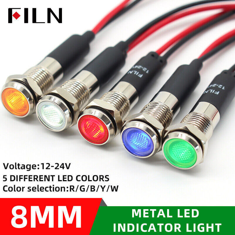 5Pcs LED 8MM(5/16'' )12V 24V Metal Indicator Light Pilot Lights Signal Lamp