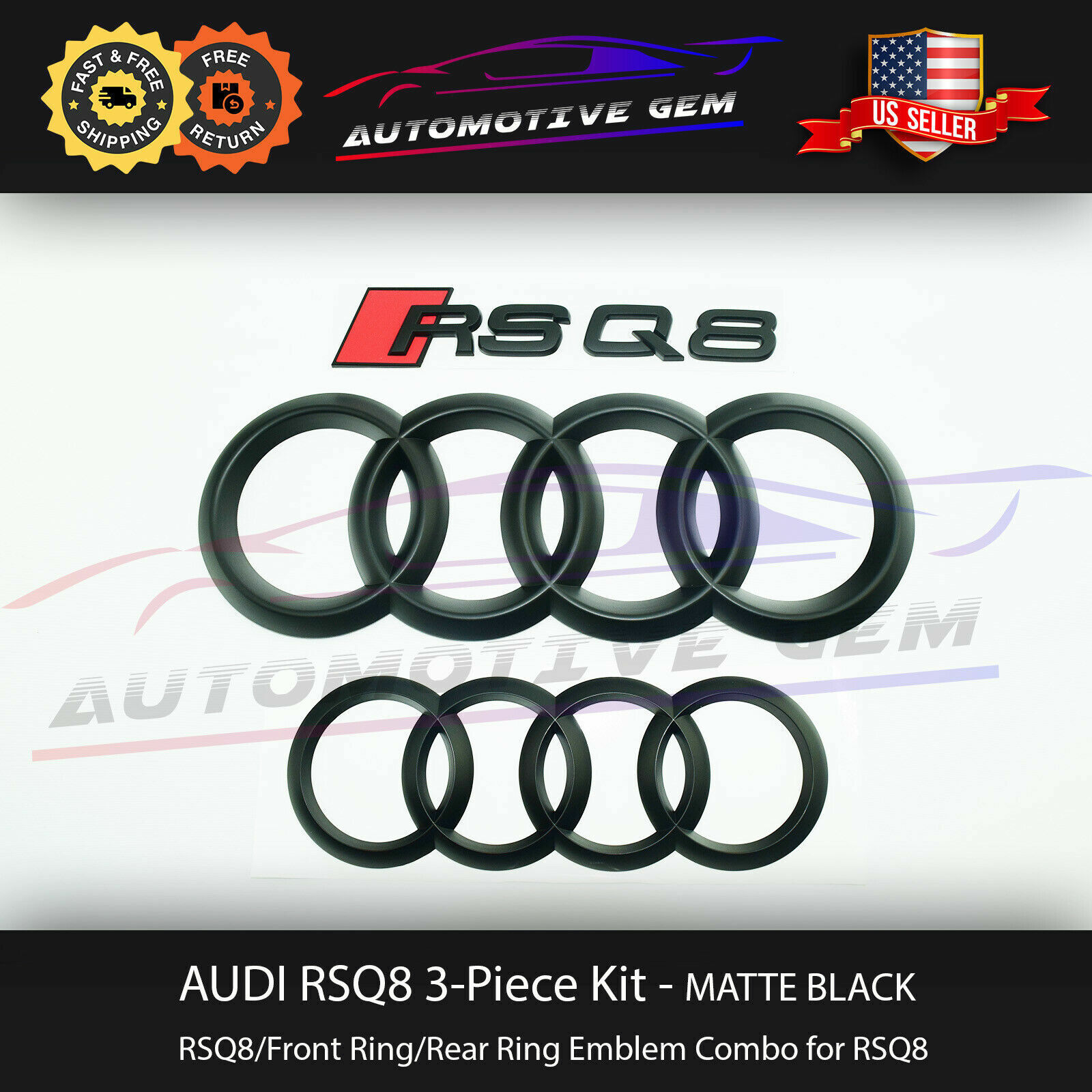 AUDI RSQ8 Emblem MATTE BLACK Front Grill & Trunk Ring Rear Logo Badge S Line Kit