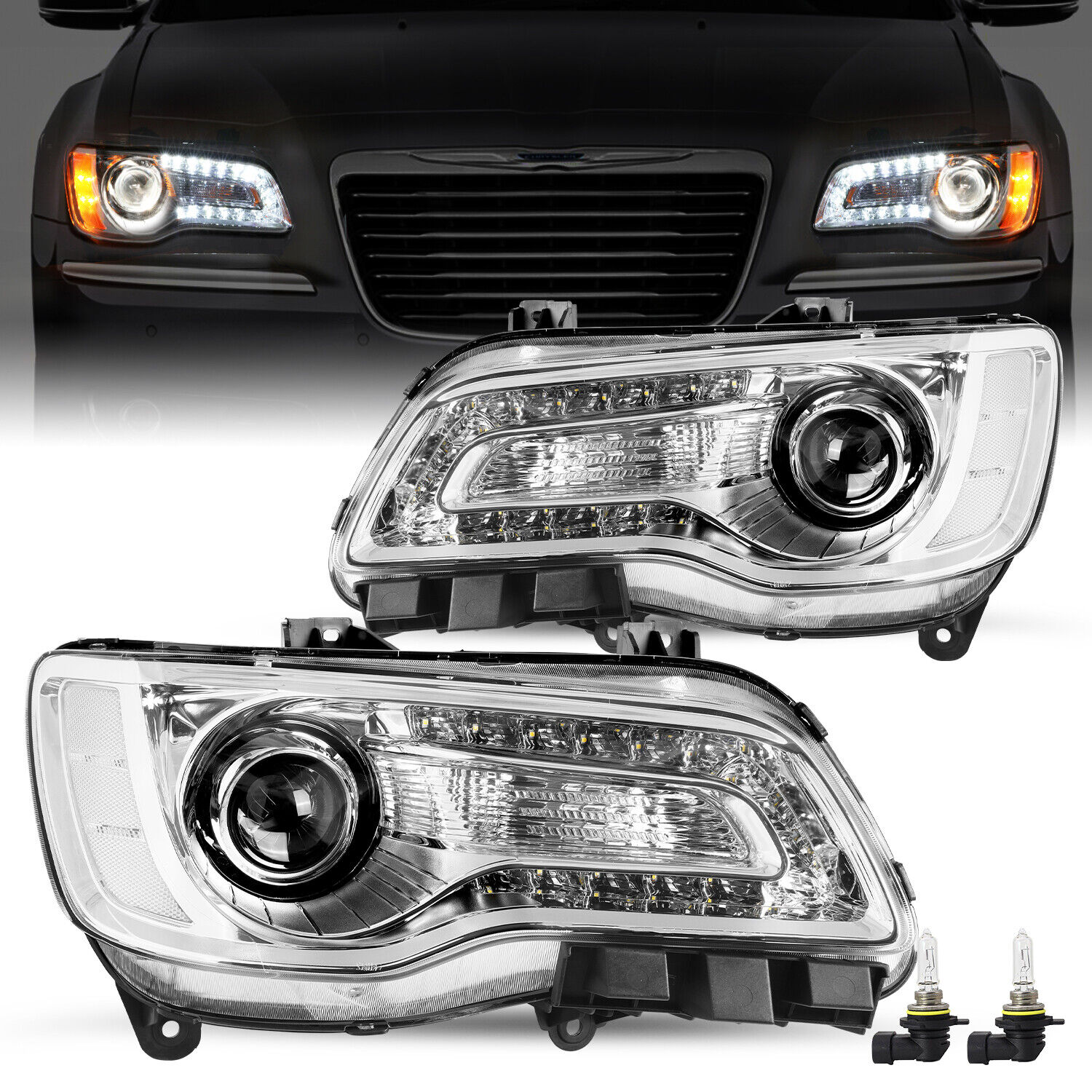 Piar Headlamps For 11-23 Chrysler 300 Halogen LED Headlights Chrome Clear W/Bulb