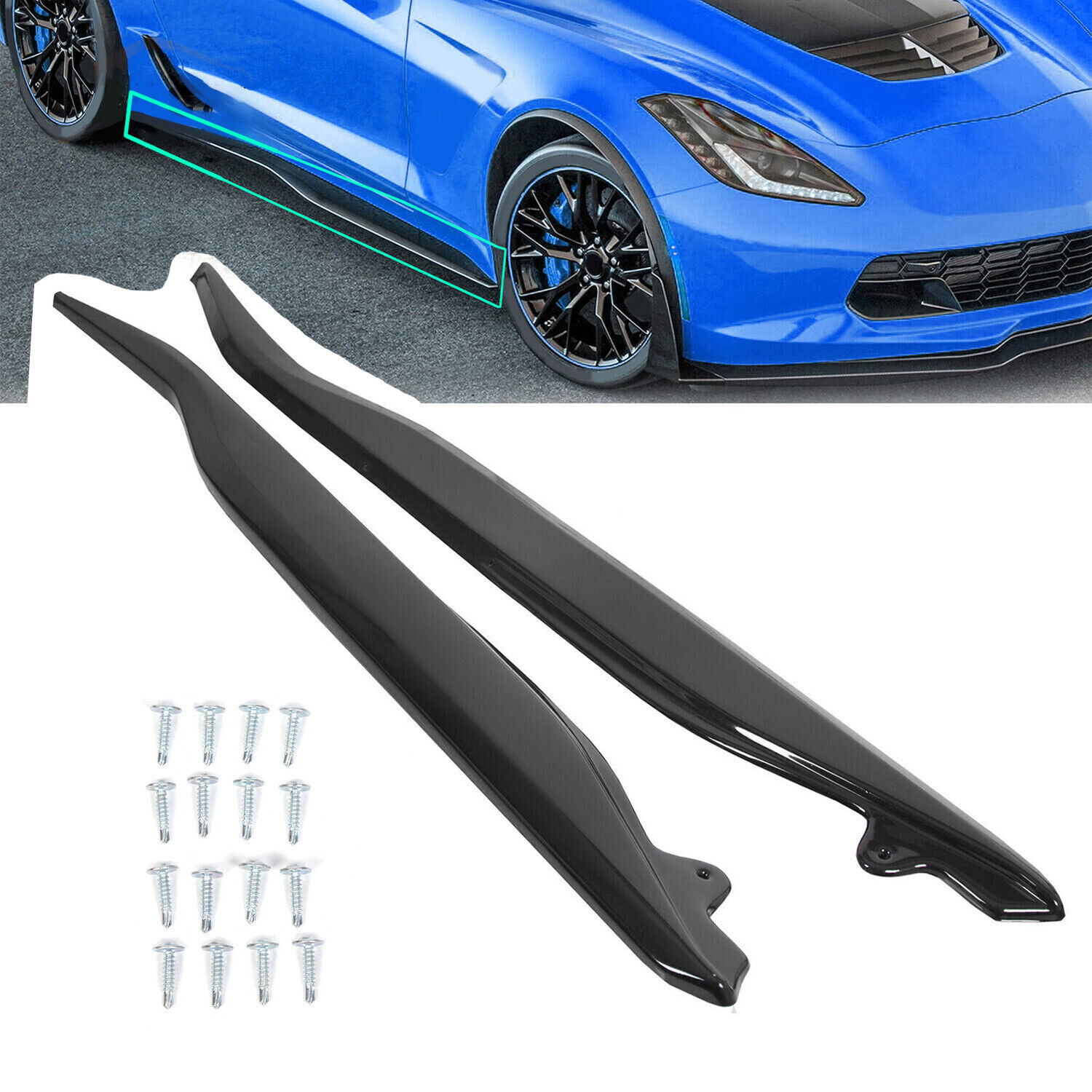 For 2014-2019 14-Up Corvette C7 METALLIC Side Skirts Z06 Style ABS GLOSS BLACK