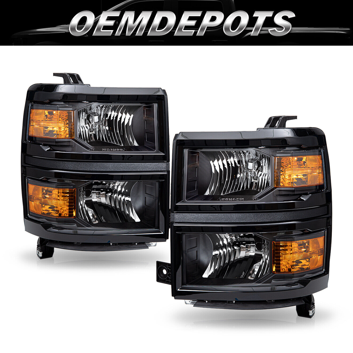 Headlights For 2014-2015 Chevy Silverado 1500 Black Left+Right Headlamps Pairs