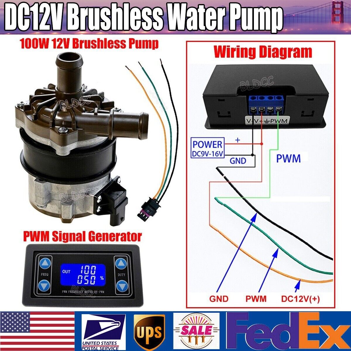 Electric 100W 12V Large-flow Engine Brushless Water Pump W/ PWM Signal Generator