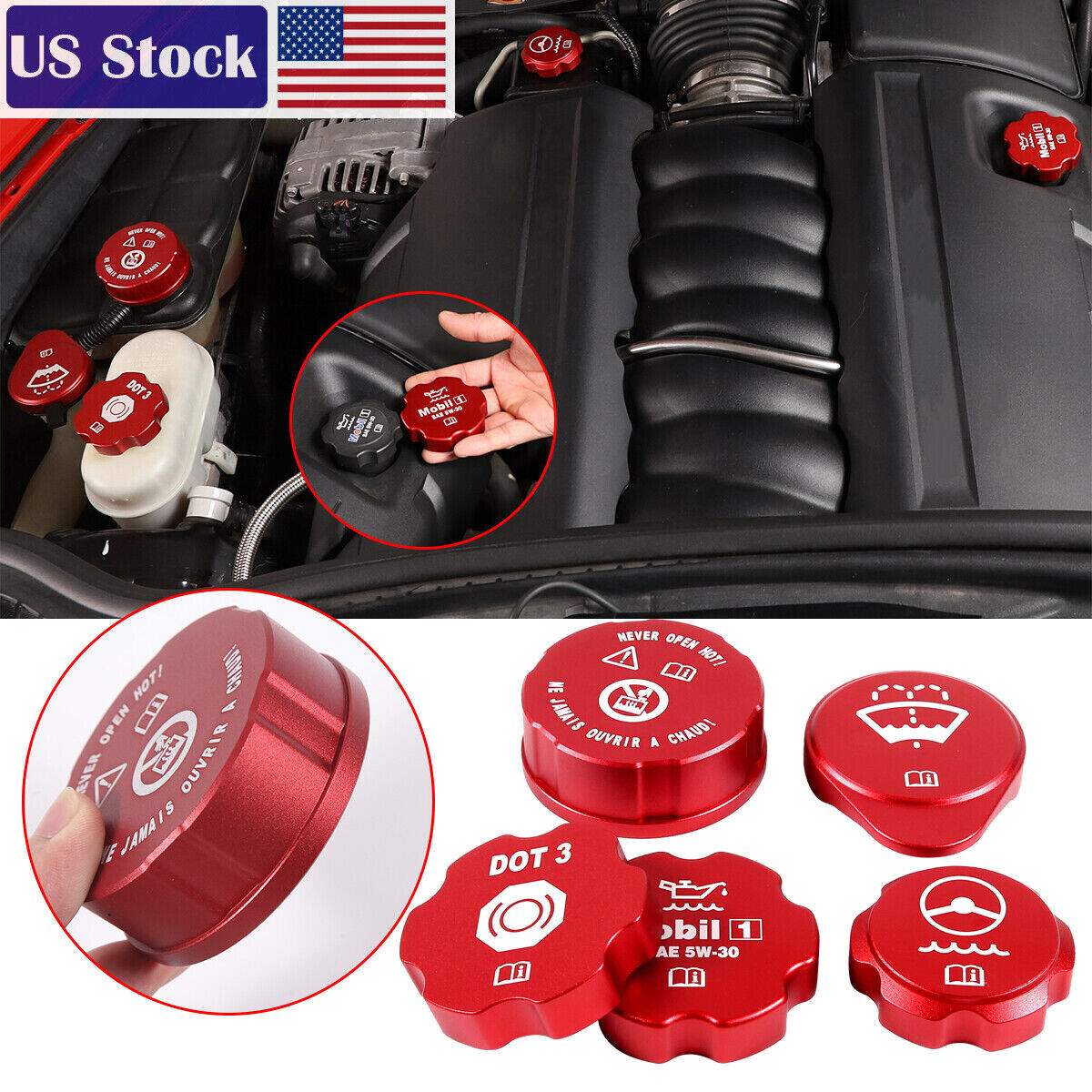 5PCS Red Alloy Engine Cabin Fluid Switch Trim Cover For Corvette C6 2005-2013 US