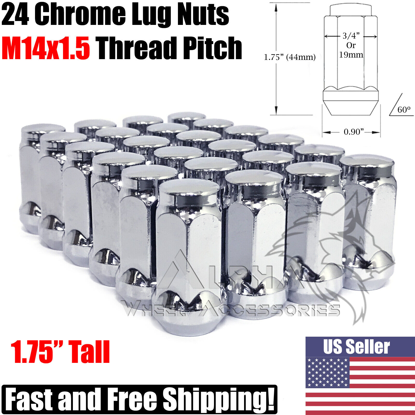 24 Chrome 14x1.5 Bulge Acorn Lug Nuts 1.75