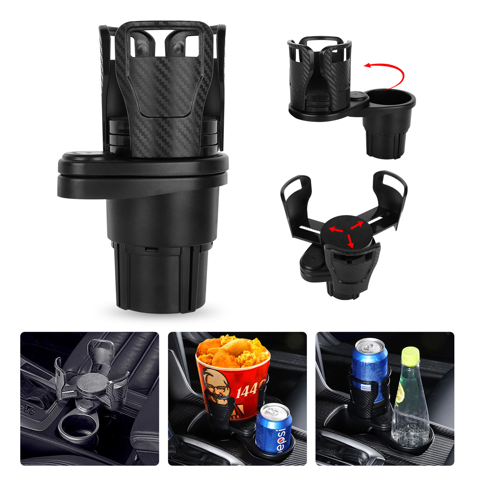 Car Double Cup Holder Expander Auto Drink Holder w/360° Rotating Adjustable Base