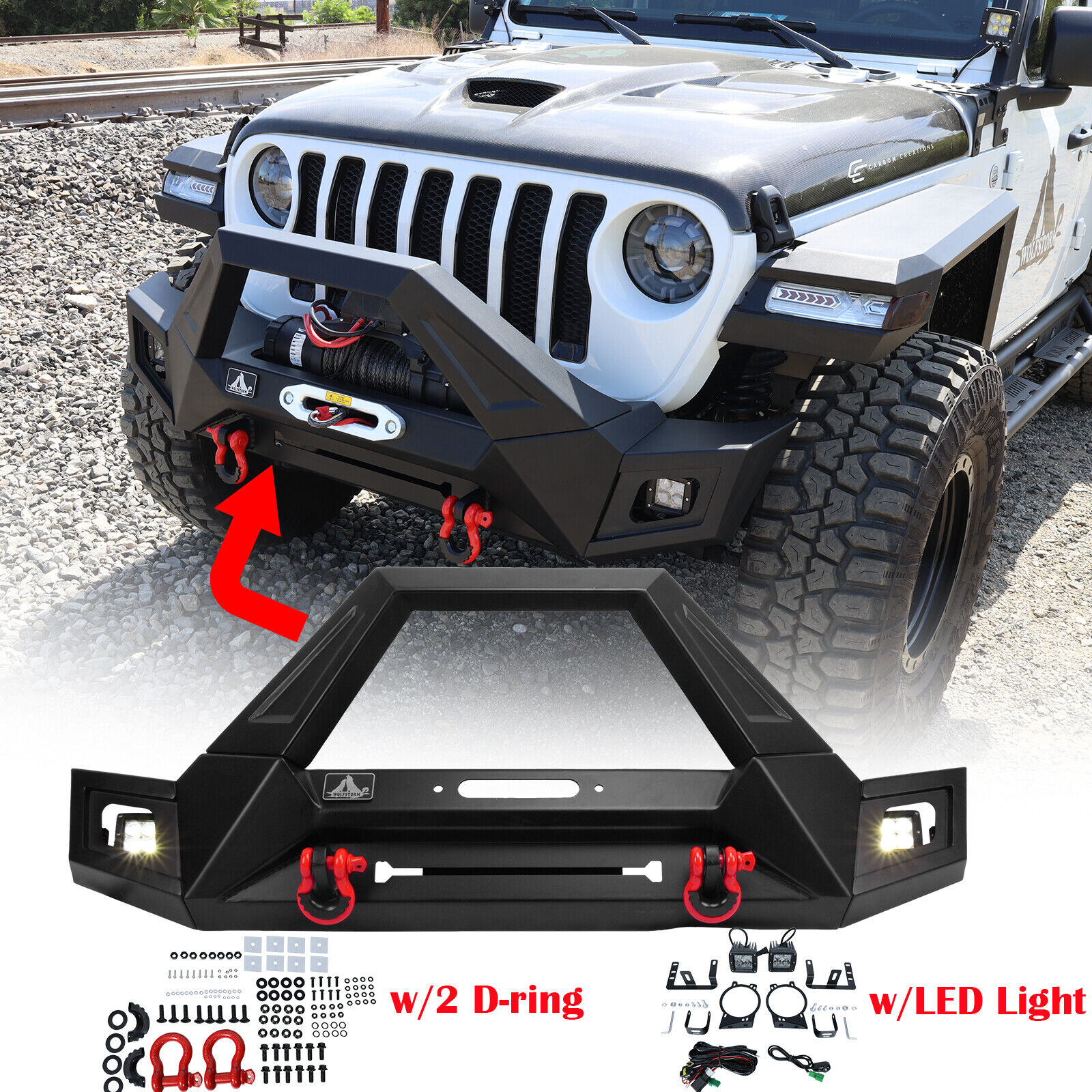 For 18-22 Jeep Wrangler JL JLU/Gladiator JT Front Bumper w/D-ring LED+Fog Lights