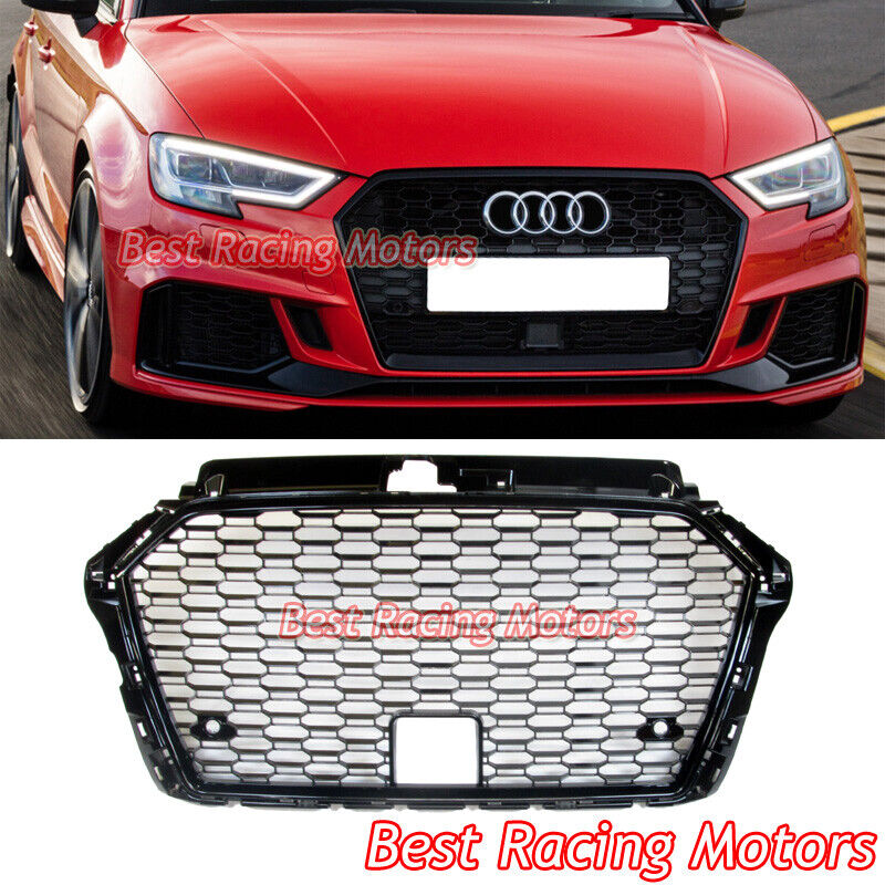 RS3 Style Front Grille (Gloss Black Frame + Honeycomb) Fits 17-20 Audi A3 S3 8V