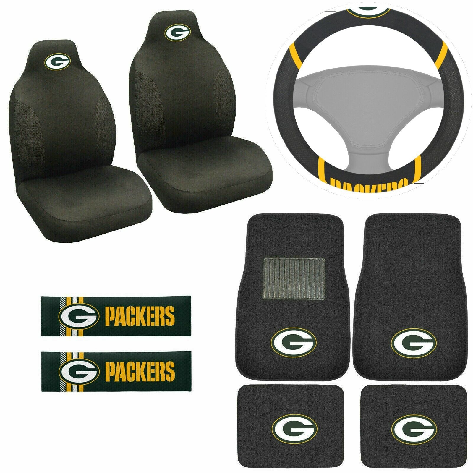 9pc Set NFL Green Bay Packers Car Front Rear Floor Mats Steering Wheel Cover