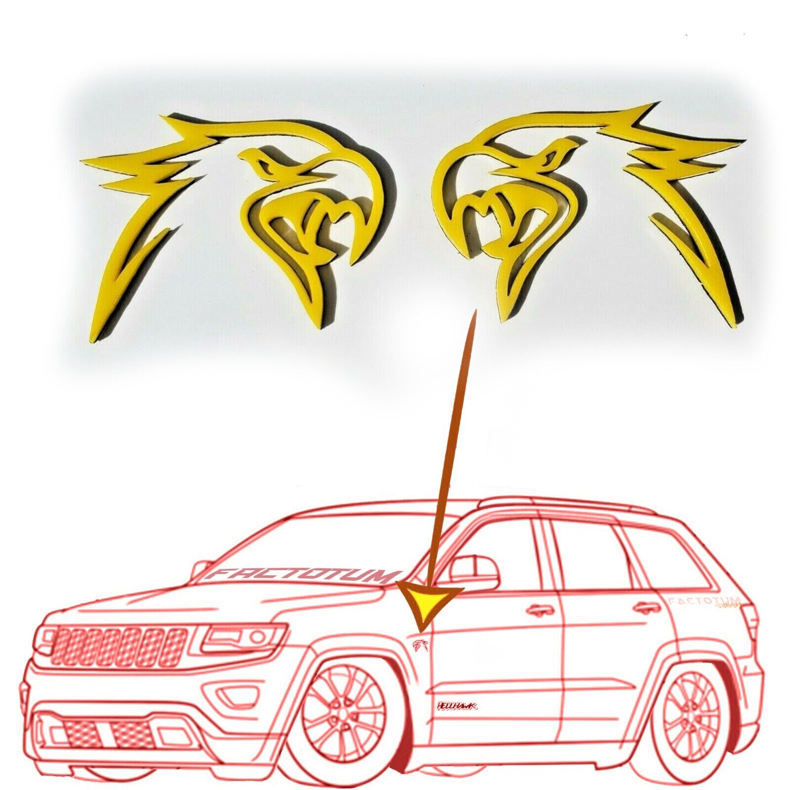2 Yellow HellHawk Emblems fits Jeep Trackhawk SRT Grand Cherokee wk2 Track Hawk