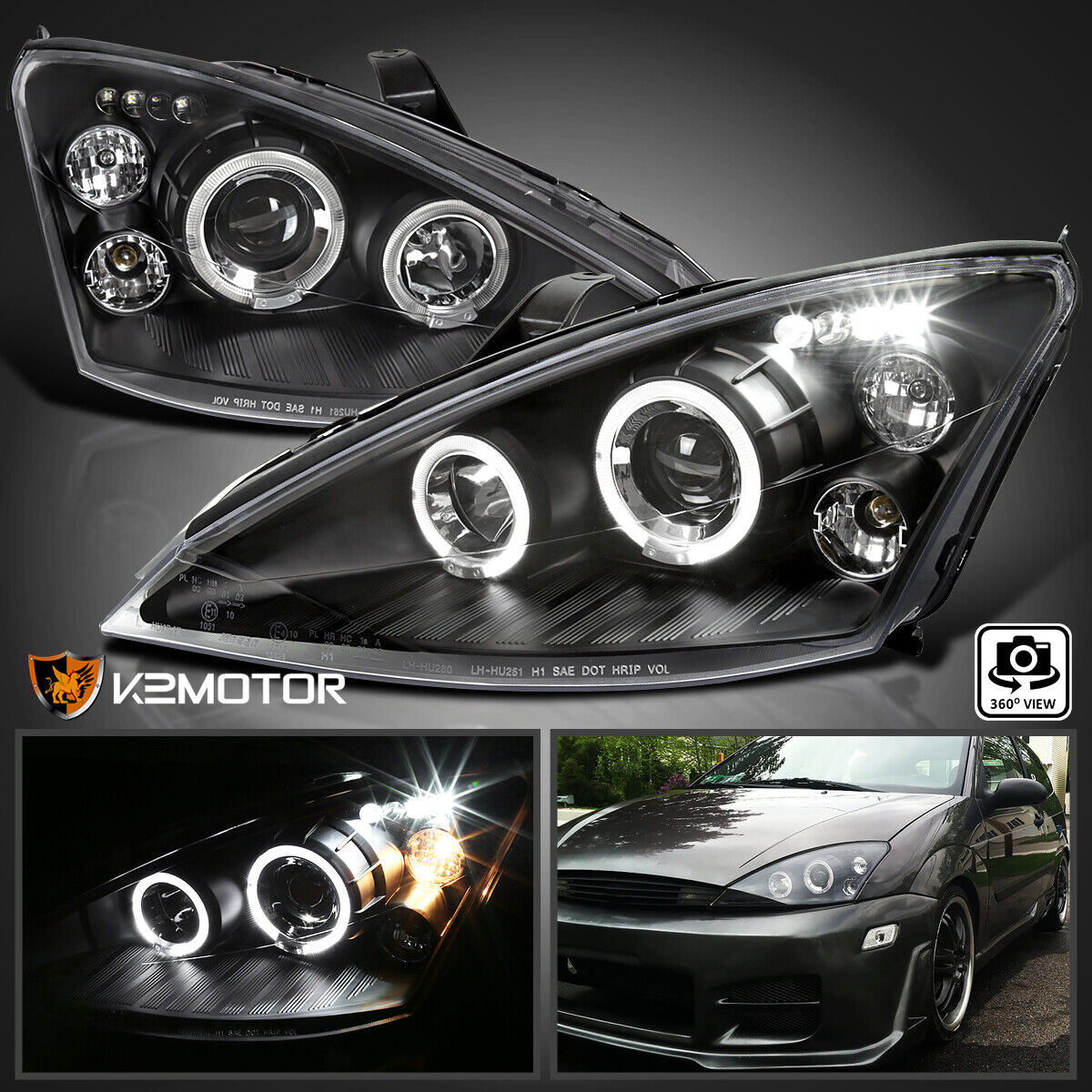 Black Fits 2000-2004 Ford Focus LED Halo Projector Headlights Lamps Left+Right