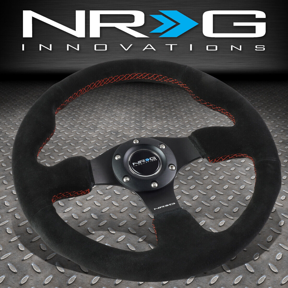 NRG REINFORCED 320MM TYPE-R BLACK SUEDE RED STITCH STEERING WHEEL W/HORN BUTTON