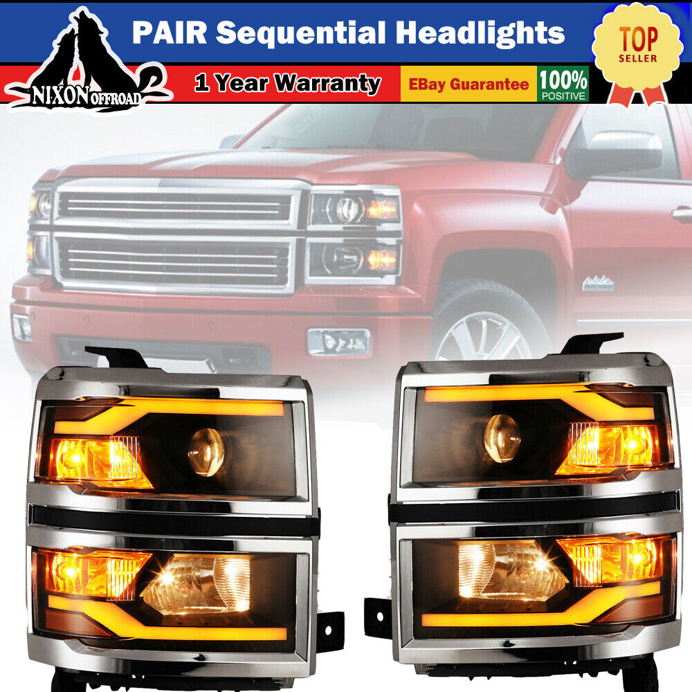 For 14-15 Chevy Silverado 1500 LED DRL Chrome Sequential Projector Headlights