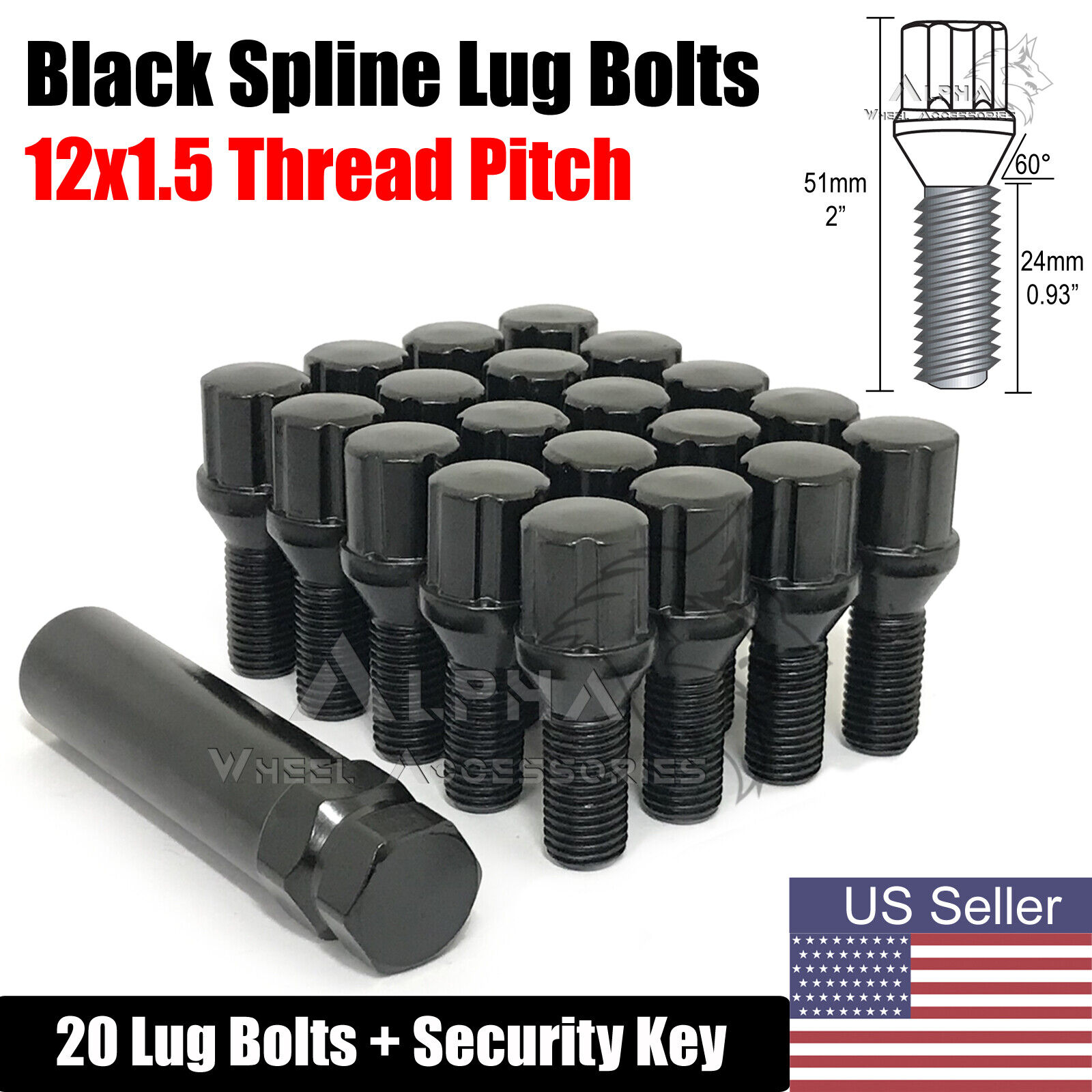 20 Black Spline Lug Bolts 12x1.5 For BMW M3 M5 335 135 E46 F10 F30 E36 + Key
