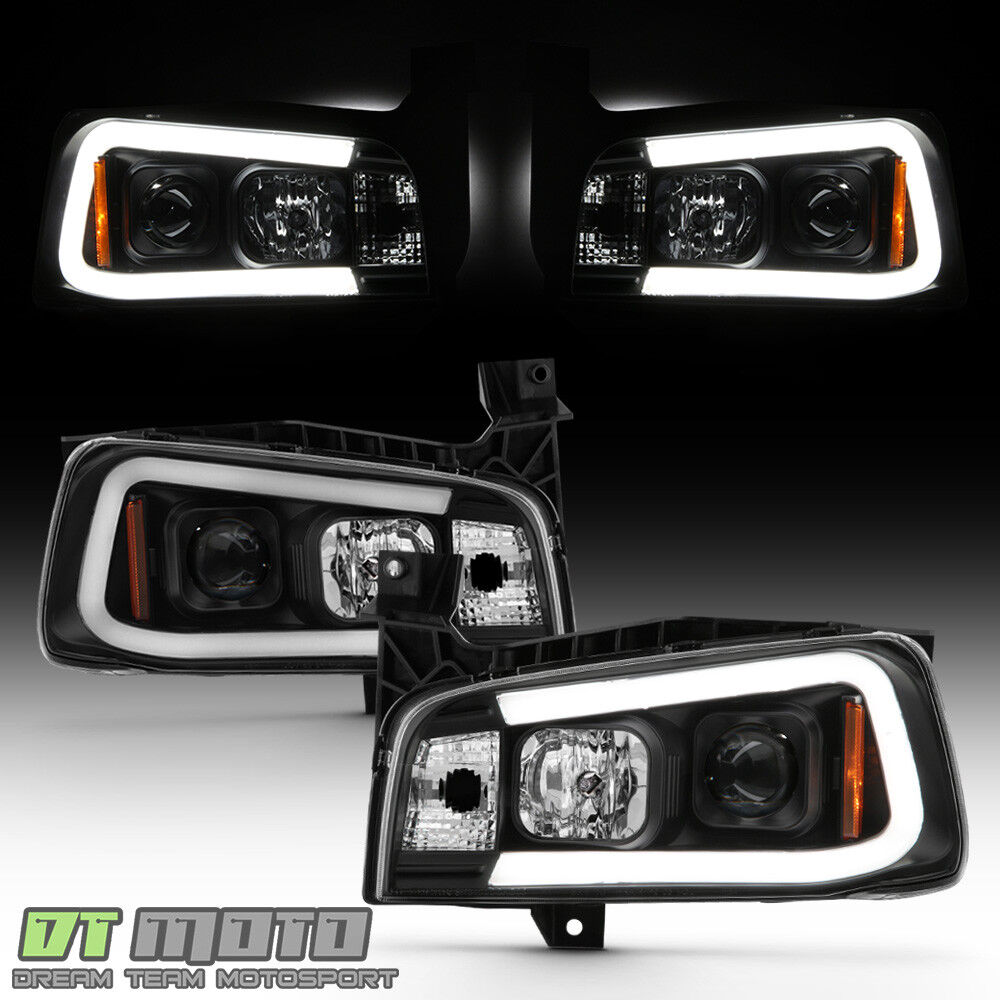 For 2006-2010 Dodge Charger Black LED Tube Projector Headlights Headlamps Pair