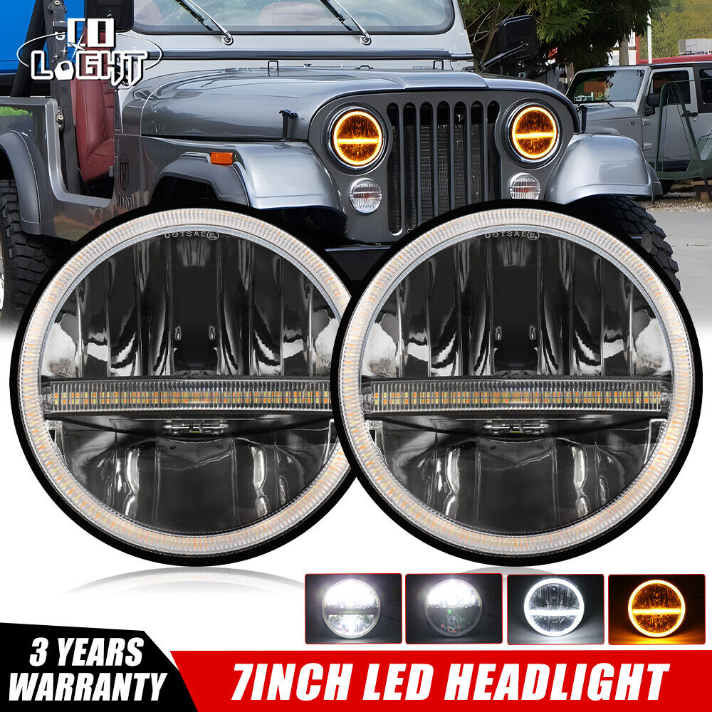 2PCS 7inch Amber Halo LED Headlights DRL Lights Fit Jeep Wrangler CJ 1944-1986