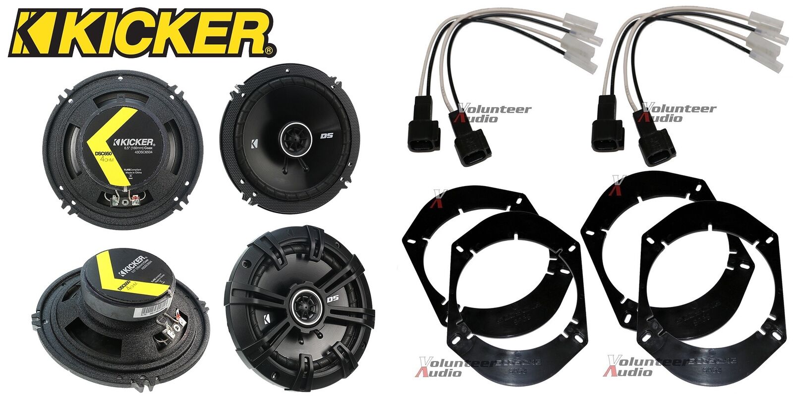 2 Pair Kicker DSC650 6.5 Speakers + Front / Rear Adapters + Harness