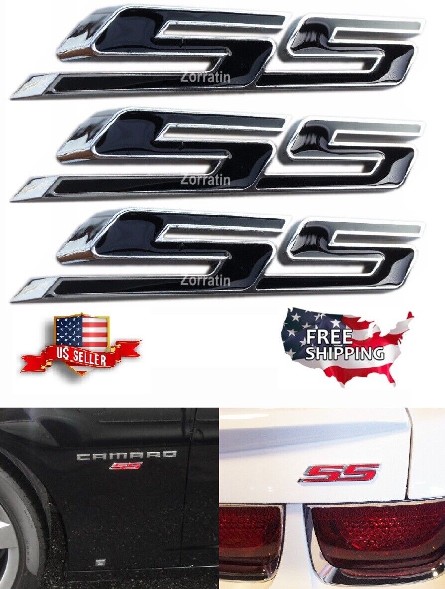 3 BLACK/CHROME SS Badge Fender Trunk Emblem Decal for Chevy Camaro Cobalt Impala
