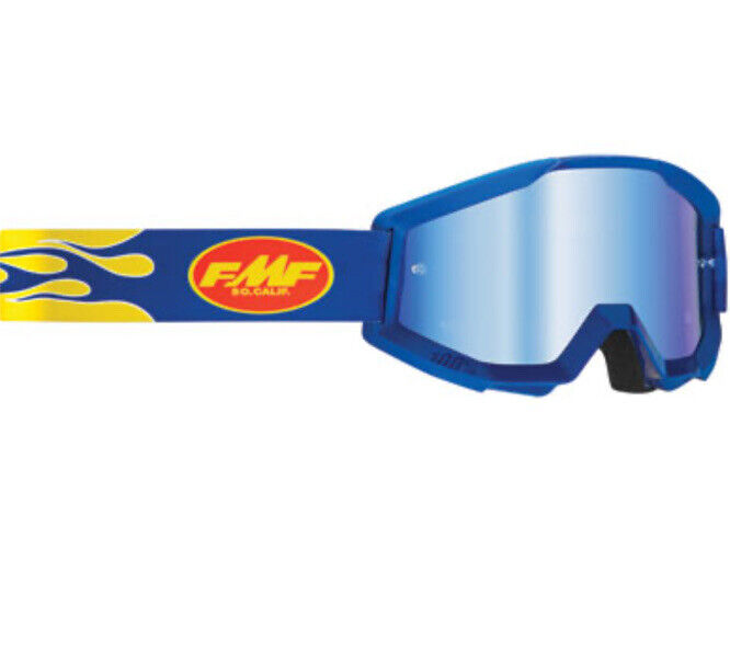 New FMF BY 100% PowerCore Goggle Navy Blue Flame BLUE Mirrored lens MX ATV