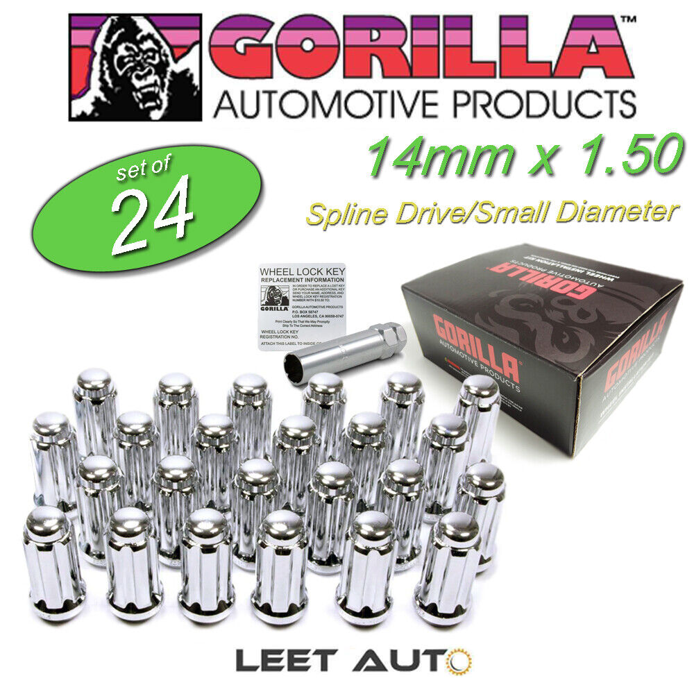 (24)Gorilla Spline Drive Lug Nuts, 14x1.50, Chrome, Duplex Length, K6TS-14150GR