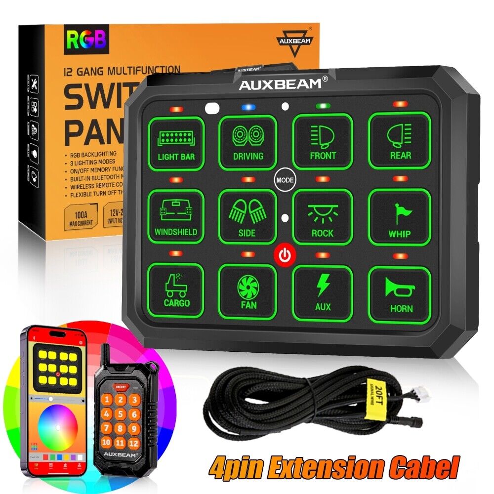 AUXBEAM AC-1200 12 Gang RGB Switch Panel bluetooth Remote Control+Cable For Ford