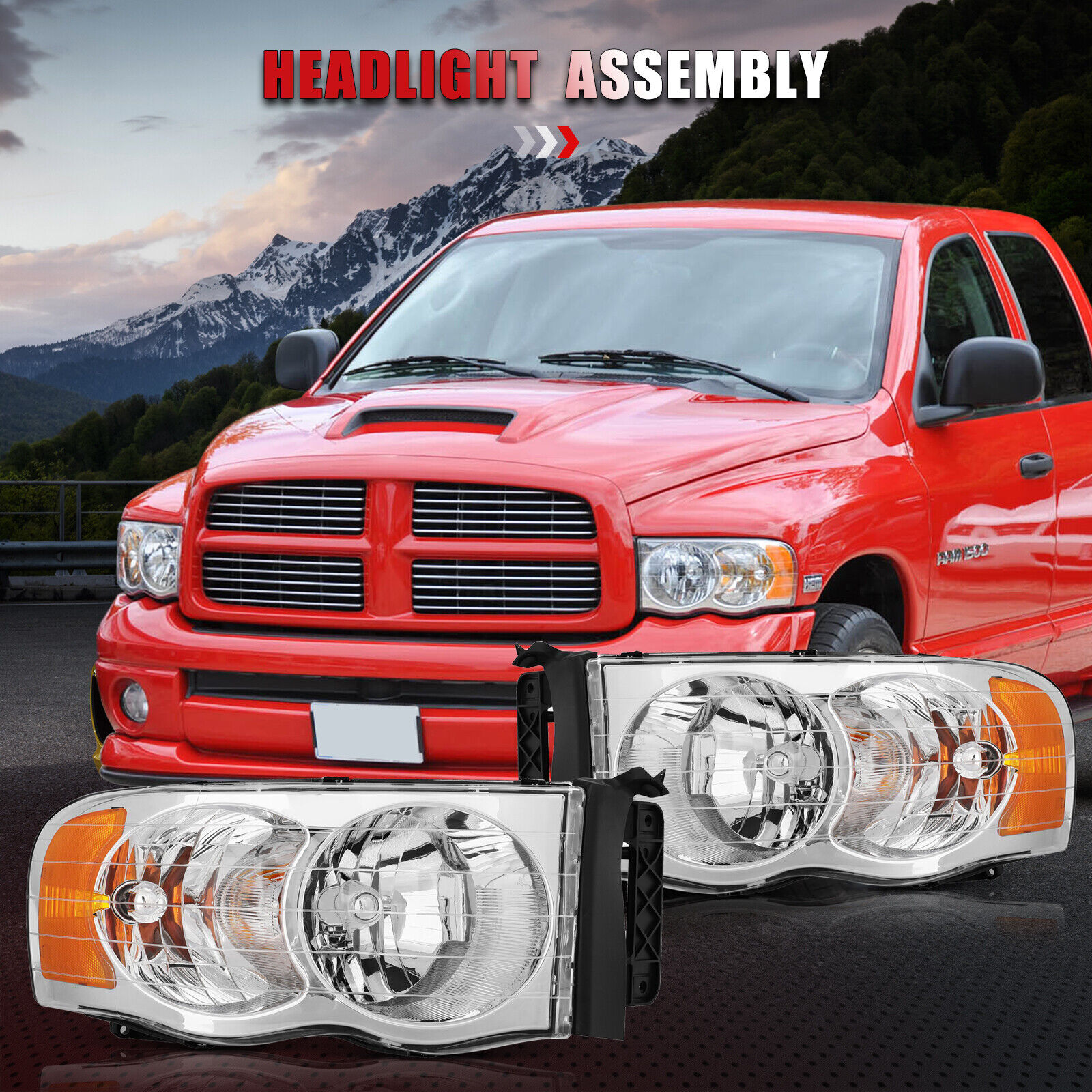 For 02-05 Dodge Ram 1500 2500 3500 Headlights Chrome Headlamps Front Left+Right