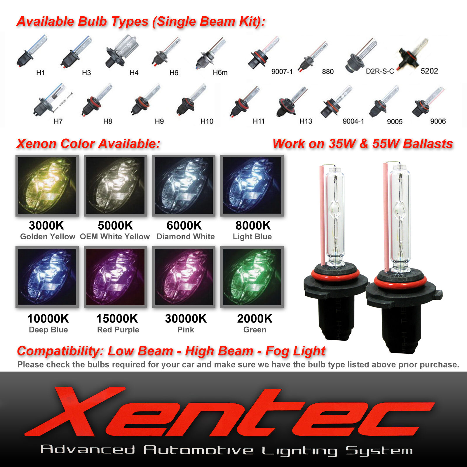 Xentec Xenon Light 35W 55W HID Kit \'s Replacement Bulbs H10 H11 9005 9006 5202