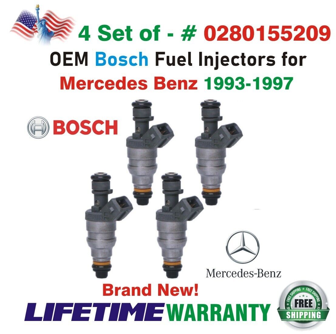 Bosch Genuine x4 Best Upgrade Fuel Injectors for 1993-1997 Mercedes Benz I4 & I6
