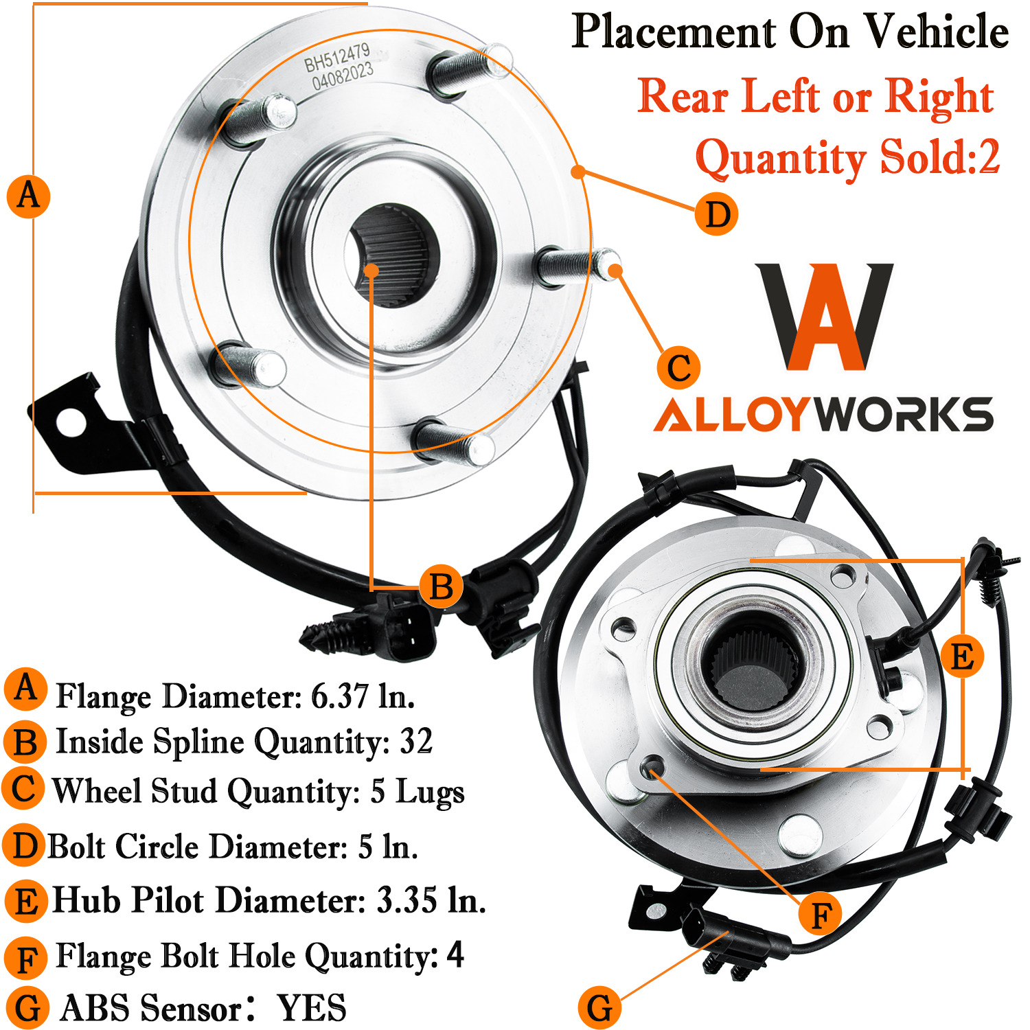Pair Rear Wheel Hub Bearing for 2009-2020 Dodge Journey 2.4L 3.5L 3.6L V6 2015