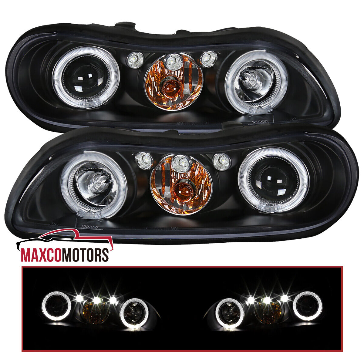 Black Projector Headlights Fits 1997-2003 Chevy Malibu LED Halo Lamps Left+Right