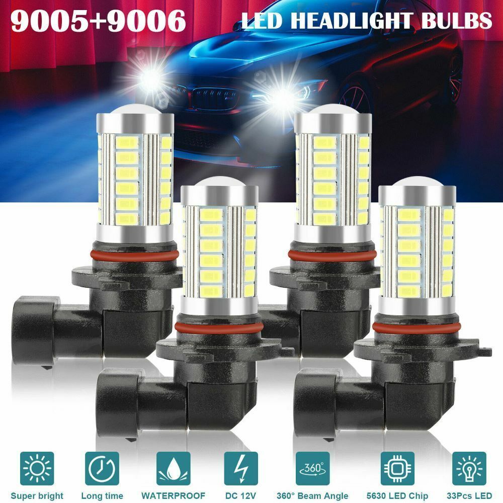 4x 9005 9006 LED Combo Headlight Bulbs High Low Beam Kit 6500K Xenon Super White
