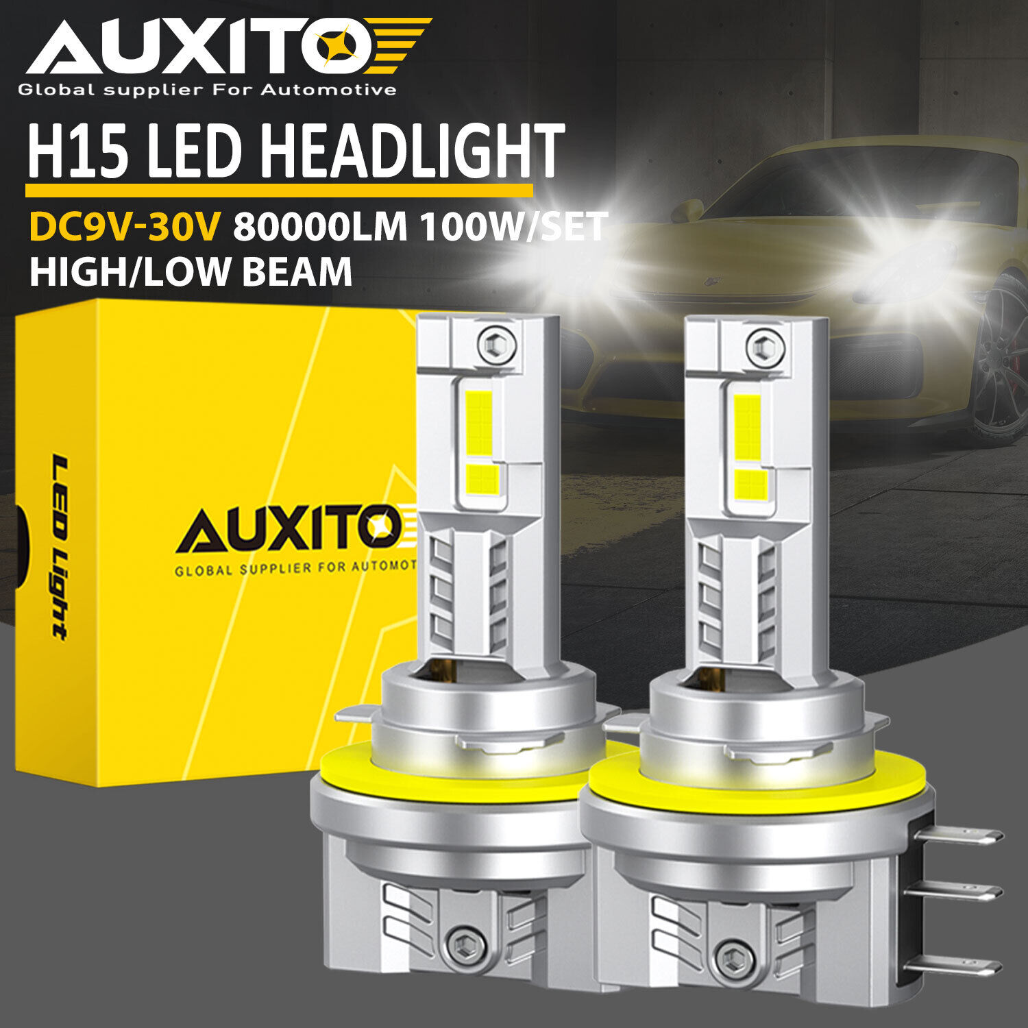AUXITO H15 LED Headlight Bulbs High Low Beam DRL 6000K Brighter White Lamp 2x