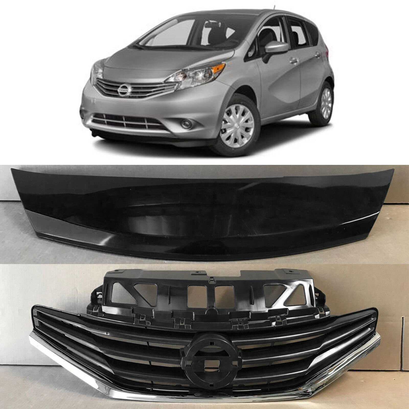 Front Upper Bumper Cover & Grille Assembly 2pcs For 2014 2016 Nissan Versa Note