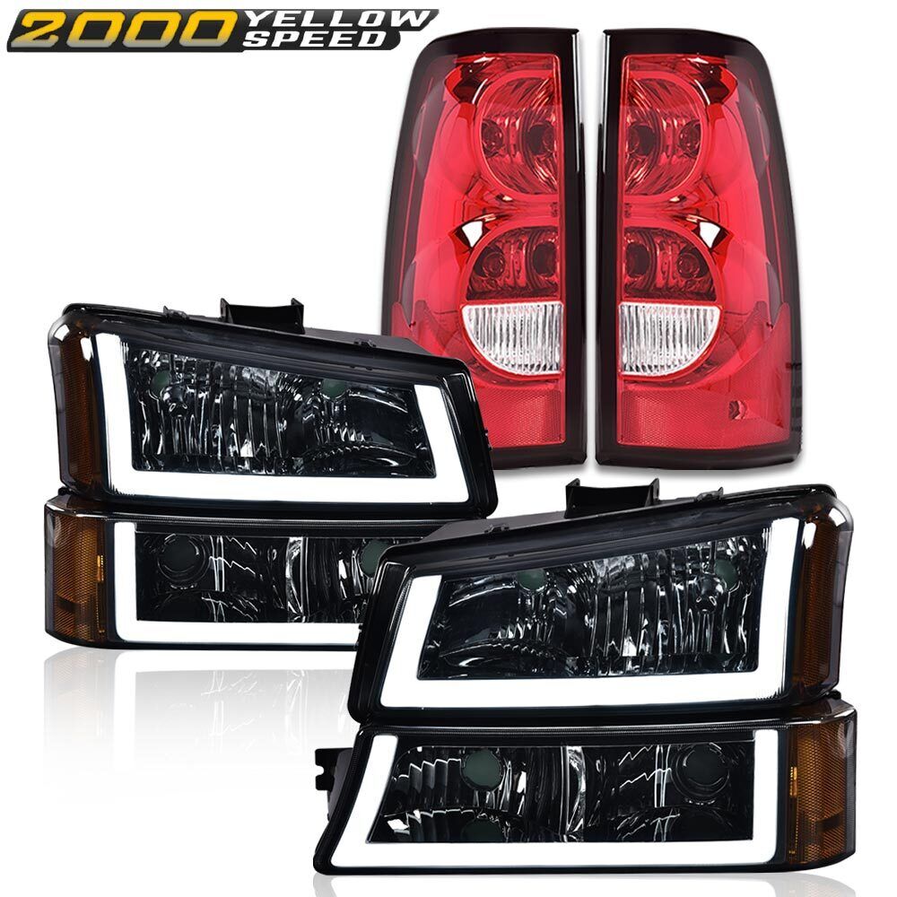 Fit For Silverado 2003-2006 Amber LED DRL Black Housing Headlight +Tail Lights 