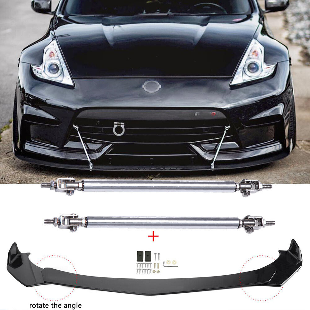 For Nissan 370Z Nismo Front Bumper Lip Splitter Spoiler Gloss Black + Strut Rods