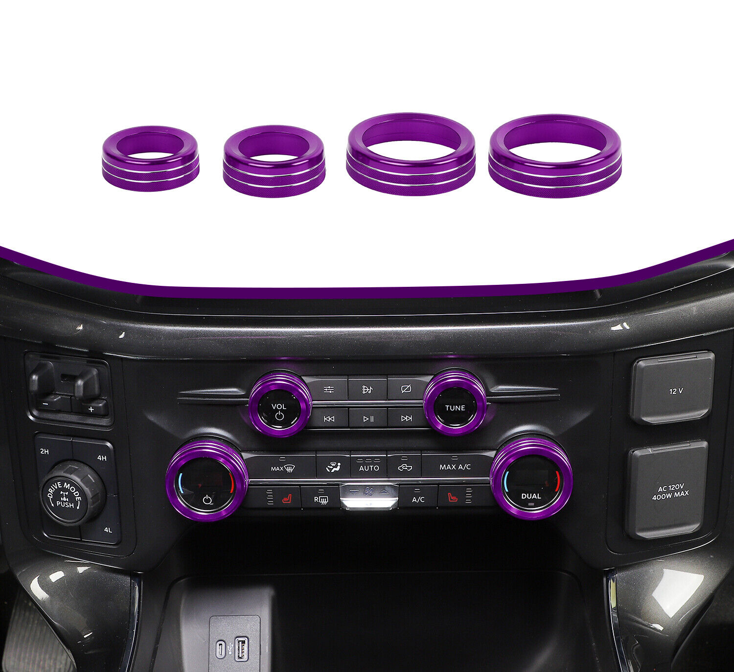 Auto Center Console Switch Knob Covers A/C Audio Ring For Ford F150 2021+ Purple