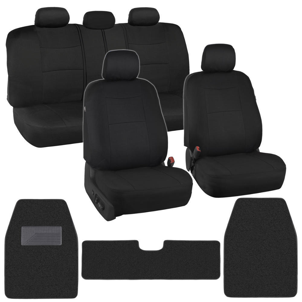 12pc Black Stitched Car Seat Covers Carpet Floor Mats Liners Polyester Cloth Rug