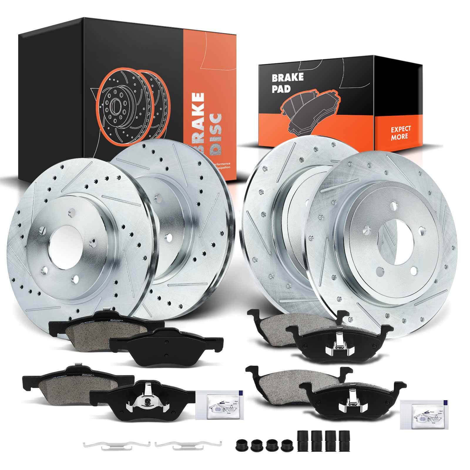 Front and Rear Drilled Brake Rotors & Ceramic Brake Pads for Ford Mazda Mercury